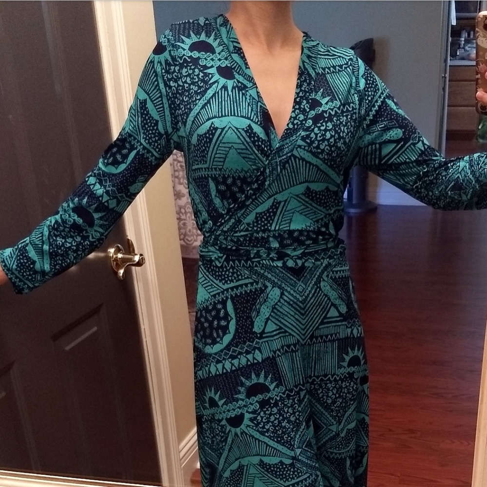 Green and navy blue faux wrap maxi dress
